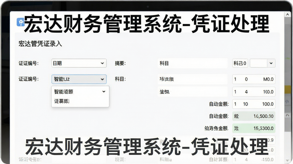 主体:宏达财务管理系统凭证录入界面,展示凭证编号、日期、摘要、科目、金额字段,界面布局清爽,排版对齐,风格简洁明亮,细节包括智能联想下拉菜单和自动计算金额,画质清晰干净,无多余元素,文字标注“宏达财务管理系统-凭证处理”。