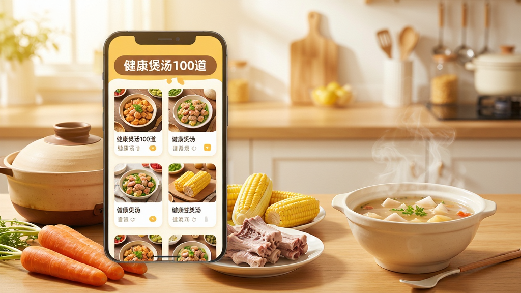 画面主体为“健康煲汤100道”App界面悬浮在木质餐桌上,桌面摆着砂锅、新鲜食材(胡萝卜、玉米、排骨),背景是明亮温馨的厨房。布局上App界面居中偏左,右侧留白放着一碗冒着热气的汤。排版采用上下结构,上方标题栏显示“健康煲汤100道”字样,下方食谱卡片依次排列。整体风格为写实摄影与扁平UI结合,色调暖黄,画质高清干净,无多余元素。
