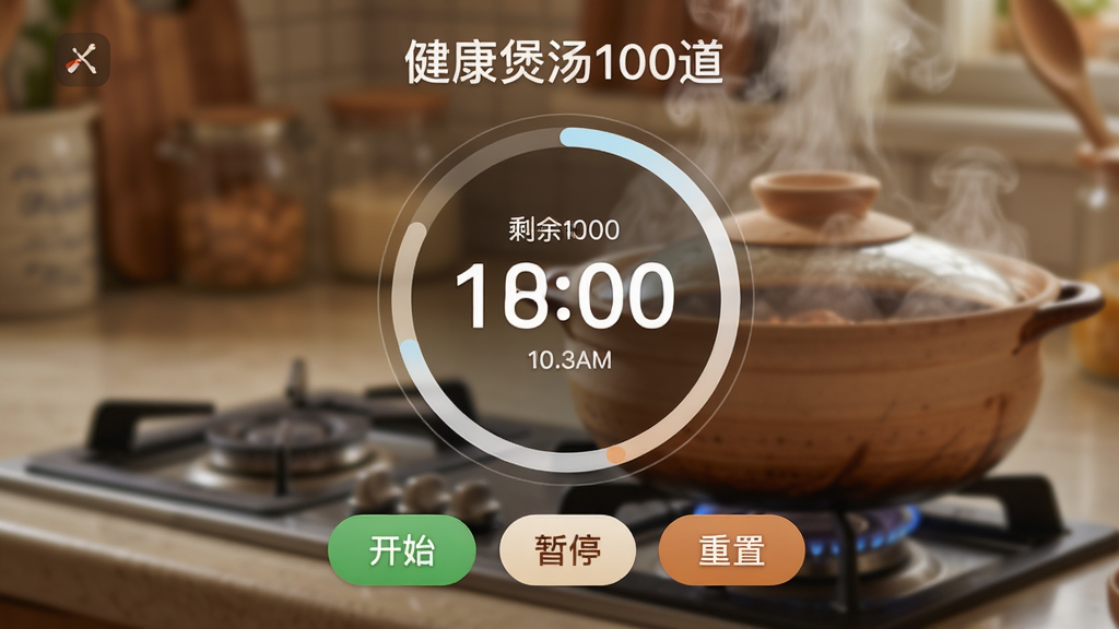 图片主体为“健康煲汤100道”App的计时器功能界面,背景是模糊的厨房炉灶,砂锅正冒着蒸汽。界面中央是一个圆形进度环,显示剩余时间,下方有“开始”“暂停”“重置”按钮。布局简洁,时间数字醒目放大。风格写实与UI结合,色调温暖,画质清晰,无杂乱元素。