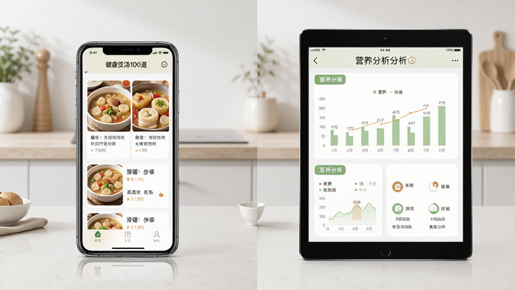 图片主体为“健康煲汤100道”App在手机与平板上的运行对比场景,左侧手机展示汤谱步骤,右侧平板展示营养分析图表。背景是干净的厨房台面,布局分屏对比,排版整齐,风格写实简洁,画质高清,无杂乱元素。
