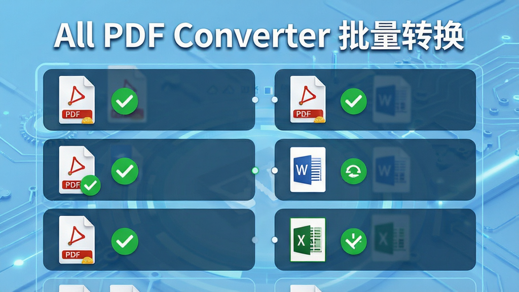 һ��չʾPDFת�����̵Ķ�̬���棬�������г����PDF�ļ����ڱ�ת��ΪWord��Excel��ʽ��ÿ���ļ�����ʾ��ɫ�Թ���ʾ��ɣ�������Ϊ��All PDF Converter ����ת����������Ϊǳ��ɫ�Ƽ�������廭������������ϸ�ڷḻ���޶���Ԫ��
