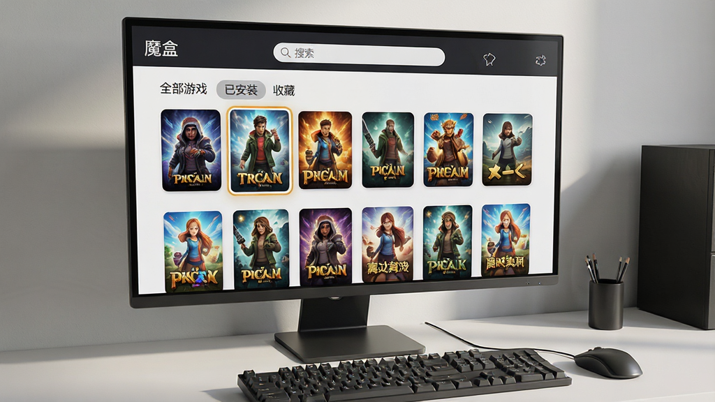 主体:一个整洁的电脑桌面,显示器上显示“魔盒”软件的游戏库界面,以网格状排列着多款游戏的彩色封面图标。布局:显示器占据主体,桌面周围摆放着键盘和鼠标。排版:界面顶部有搜索栏,下方游戏封面排列整齐,其中一款游戏封面被高亮框选中。风格:写实3D渲染风格,光影效果真实。细节:游戏封面上的文字清晰,界面有“全部游戏”、“已安装”、“收藏”等分类标签。画质:高清晰度,干净,无多余元素。