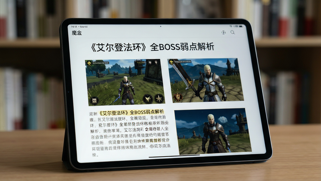 主体:一个平板电脑斜放在桌面上,屏幕中显示“魔盒”软件的攻略详情页面,包含文字与配图。布局:平板电脑为主体,背景为模糊的书架。排版:页面顶部显示攻略标题“《艾尔登法环》全BOSS弱点解析”,下方配有游戏截图和段落文字。风格:简洁的实物摆拍风格,浅景深效果。细节:屏幕中可见高亮的段落文字和清晰的游戏角色图片。画质:照片级真实感,干净,无多余元素。