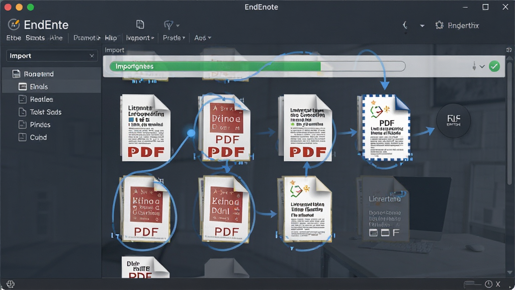 EndNote 软件界面展示文献批量导入过程,多篇PDF文件正在被拖入文献库,界面有导入进度条,简洁商务风格,高清画质