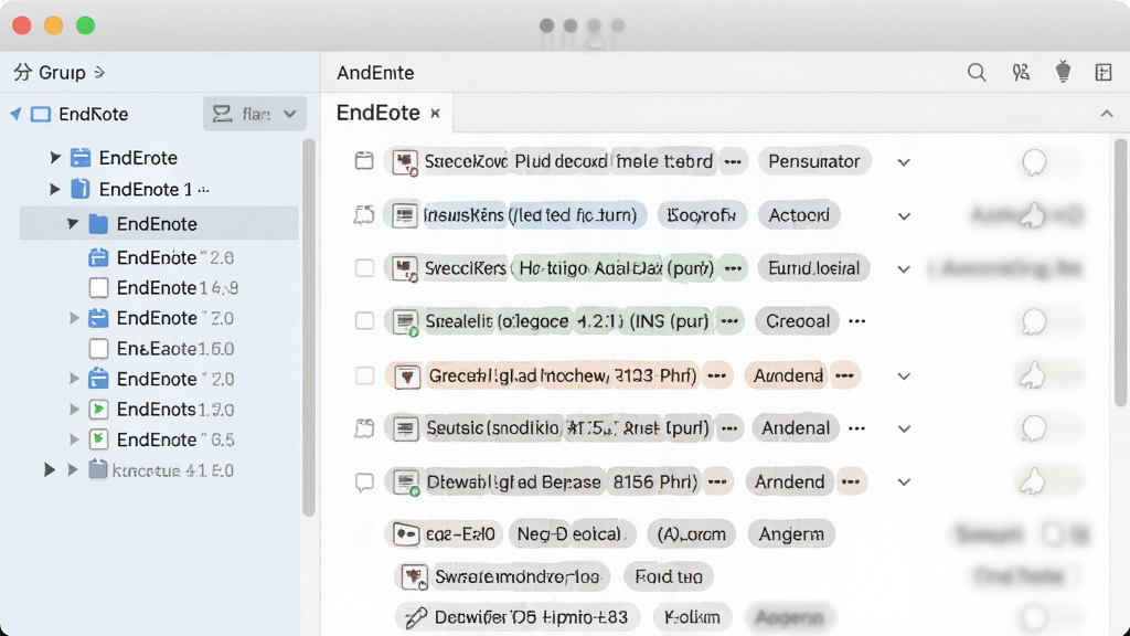 EndNote 分组管理界面,左侧显示分组列表,右侧显示文献条目及标签,界面整洁,色彩柔和,现代风格,高清画质
