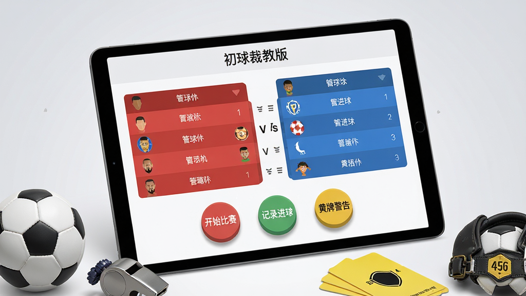 主体:一台平板电脑横屏展示“初球裁教版”的赛事管理界面,屏幕中央显示红蓝两队对阵列表,下方有“开始比赛”“记录进球”“黄牌警告”等圆形按钮。布局:平板电脑占据画面中心,屏幕内容向外微微倾斜以展示细节。排版:四周留白,底部放置足球、哨子、黄牌等裁判装备作为装饰。风格:扁平化UI风格与写实装备结合,背景为浅灰色渐变。细节:屏幕上的文字清晰可读,按钮有立体阴影效果,装备质感逼真。画质:高清渲染,画面干净利落。