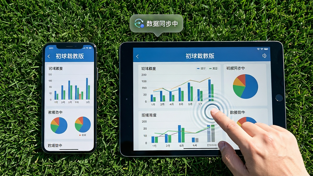 主体:一部智能手机与一台平板并排摆放在绿色足球场草地背景上,屏幕均显示“初球裁教版”的比赛统计数据界面,画面中有一只手正在点击平板屏幕。布局:设备位于画面中心,屏幕内容清晰可见,上方悬浮“数据同步中”小图标。排版:平视角度,左右对称。风格:明亮自然光,写实摄影风格。细节:屏幕图表数据丰富,有柱状图与饼图,手指点击位置有微小涟漪特效。画质:高清细腻,无多余杂物。