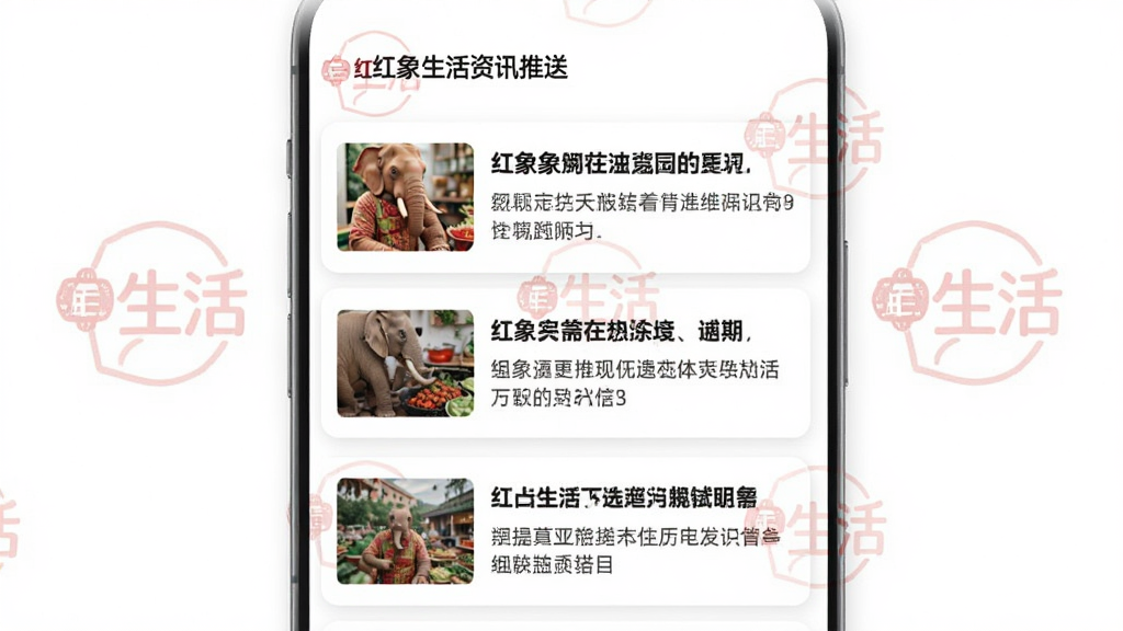 红象生活资讯推送界面,展示一条条新闻卡片,包含标题和摘要,界面采用列表形式,背景白色,配有红色生活logo水印,整体风格简洁,排版清晰,画质干净,无多余元素