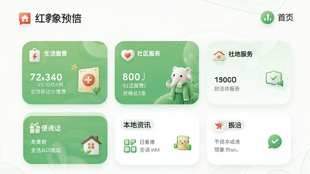 红象生活主界面预览图,展示首页功能布局,包含生活缴费、社区服务、本地资讯等模块,以卡片式排列,配以清新绿色主题色,现代简约风格,界面干净明亮,细节圆润精致,高清画质,无多余元素