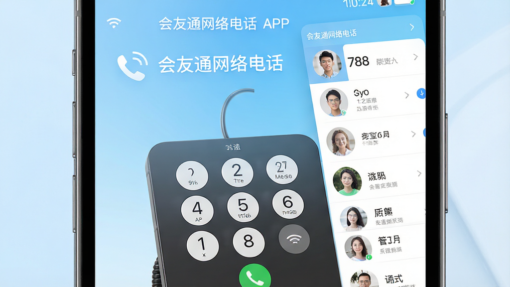 一张现代简约风格的手机屏幕特写,屏幕中央显示“会友通网络电话”APP界面,界面清晰展示拨号键盘与联系人列表,背景为浅蓝色渐变,画面干净明亮,突出通话功能,采用产品渲染风格,高清画质,无多余元素