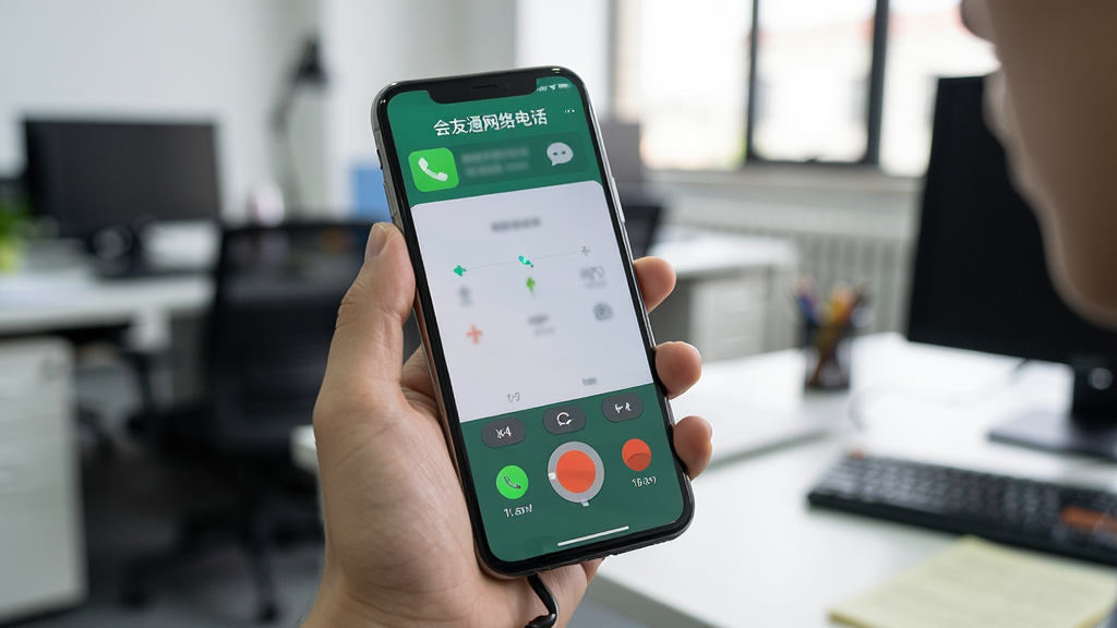 一张用户正在使用手机通话的实拍图,手机屏幕显示“会友通网络电话”通话界面,背景为办公室场景,画面自然光,构图主体为手机与手部,风格写实,细节清晰,画质干净,无多余元素