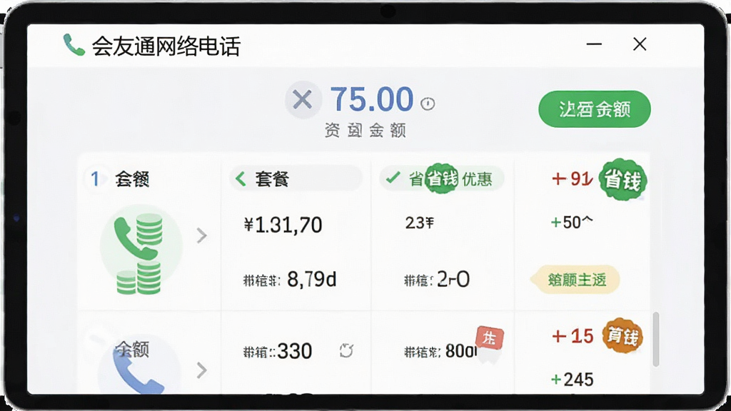 界面截图风格图片,展示“会友通网络电话”的资费套餐页面,包含余额显示、套餐列表与优惠标签,以浅色背景为主,配以绿色“省钱”图标,整体风格清爽商务,细节清晰,画质干净,无多余元素