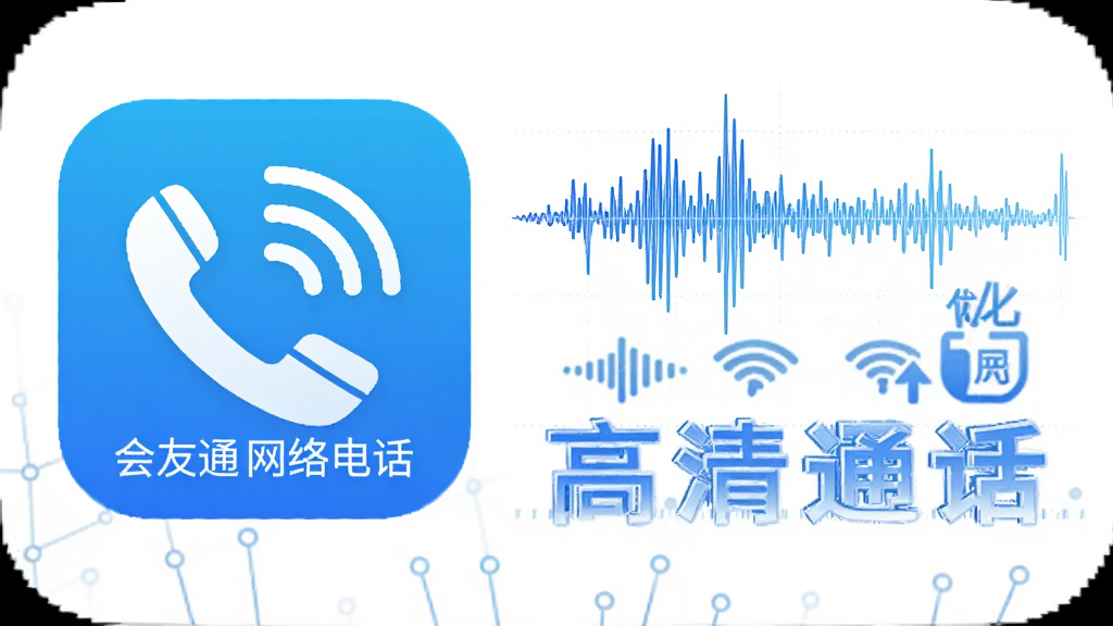 产品功能展示图,画面左侧为“会友通网络电话”APP图标,右侧展示高清语音波形图与网络优化标识,整体采用科技蓝配色,排版简洁,突出“高清通话”字样,风格为现代信息图,细节丰富,画质干净,无多余元素