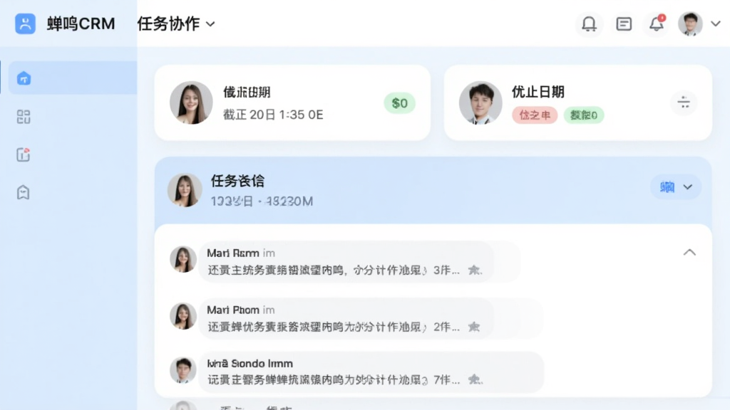 ����CRM����Э�����棬չʾһ������Ƭ�б�����Ƭ����ʾ������ͷ�񡢽�ֹ���ڡ����ȼ���ǩ������һ�ſ�Ƭչ������������ʾ�����������ݣ��������ǳ�����ɫ�����ƣ�Բ�ǿ�Ƭ��񣬻�����ͣ��޶���Ԫ��