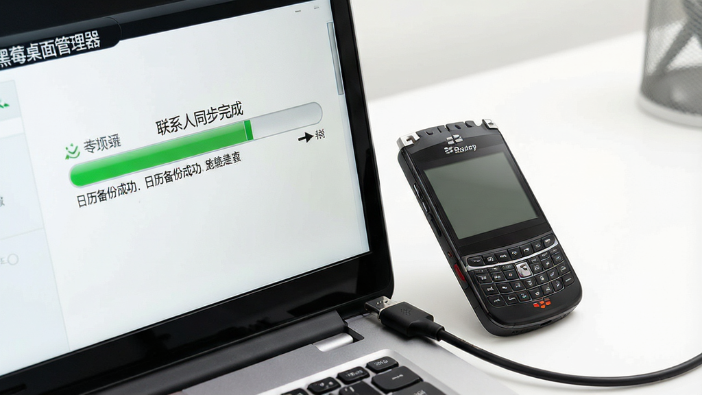 特写镜头显示一台笔记本电脑与一部黑莓手机通过USB线连接,电脑屏幕上显示“黑莓桌面管理器”的数据同步进度条,界面中清晰标注“联系人同步完成”、“日历备份成功”等文字;周围环境简洁明亮,强调数据传输的安全可靠,画面清晰,干净整洁,无多余元素