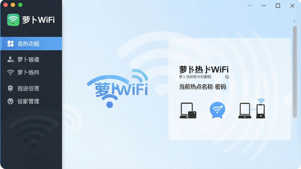画面主体为“萝卜WiFi”软件主界面展示,界面设计简洁明亮,左侧功能导航栏清晰可见,右侧显示当前热点名称与密码,背景为淡蓝色渐变,整体风格现代清爽,排版布局规整,突出软件名称“萝卜WiFi”的Logo,细节体现WiFi信号波纹与连接设备图标,画质高清干净,无多余元素