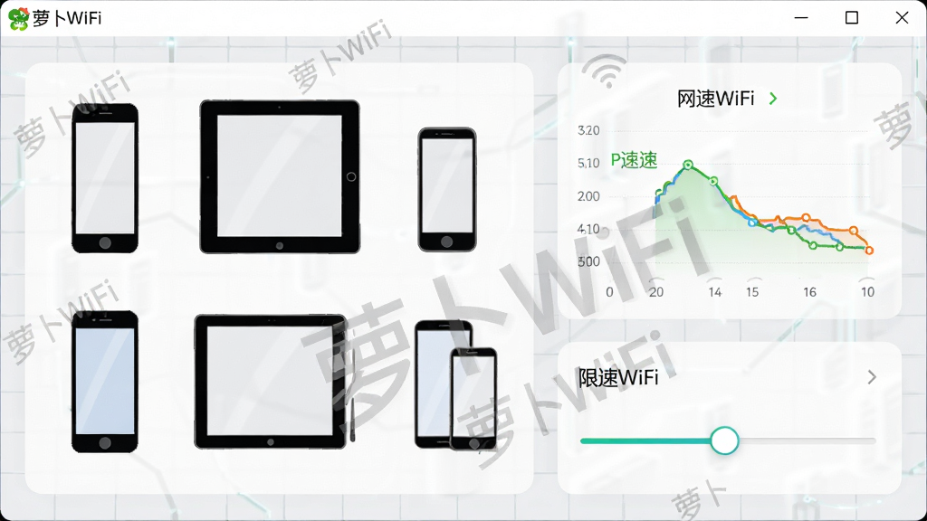 画面主体为“萝卜WiFi”软件的设备管理界面截图,展示多台手机、平板等设备图标,并配有网速监控曲线与限速滑块控件,背景为浅灰色科技感网格,排版清晰直观,风格扁平化设计,细节中带有软件名称“萝卜WiFi”的水印,画质锐利干净,无多余元素
