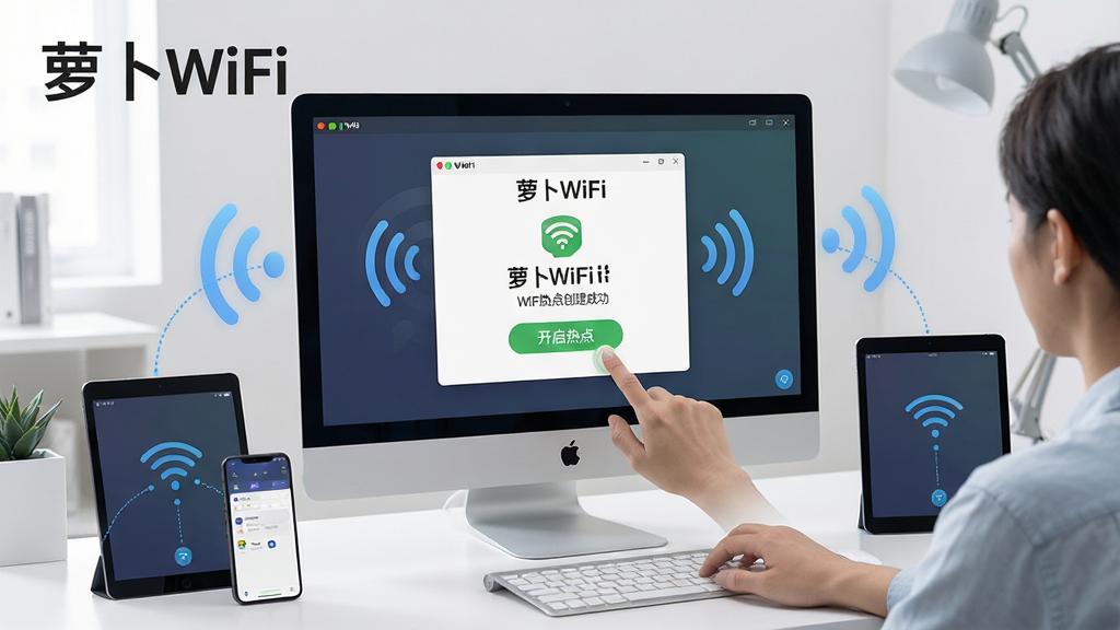 图片主体为电脑屏幕前用户点击“萝卜WiFi”界面中的“开启热点”按钮瞬间,屏幕中显示WiFi热点创建成功提示,手机、平板等设备环绕周围并连接网络,背景为现代简约风格的工作台,构图突出软件名称“萝卜WiFi”,文字标识清晰可见,排版干净,细节体现无线信号波纹,画质高级干净,无多余元素