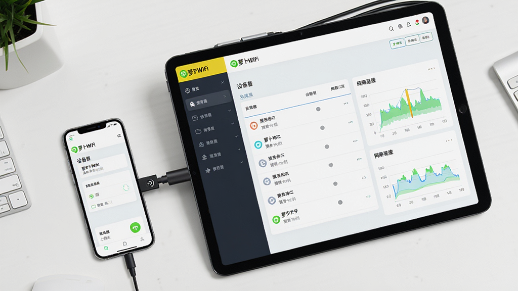 图片主体为手机和平板电脑连接萝卜WiFi热点的实际场景,电脑屏幕显示“萝卜WiFi”后台管理界面,包含设备列表和网速图表,整体布局为俯拍视角,桌面整洁,风格写实清晰,细节体现软件名称“萝卜WiFi”,画质高清,无多余元素