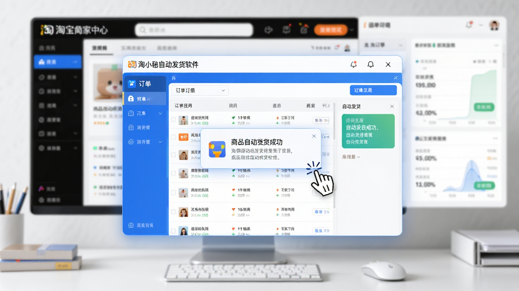画面主体为“淘小秘自动发货软件”的电脑端操作界面悬浮在整洁的电商办公桌面上,背景是模糊的淘宝卖家中心后台与订单图表。布局采用中心构图,软件窗口清晰展示订单列表与自动发货状态。排版为现代化科技感UI,蓝色主调搭配白色高光,风格写实且明亮。细节包括屏幕上的商品自动发货成功提示、鼠标点击动画。画质为4K超清,干净无多余元素,突出高效智能的软件氛围。
