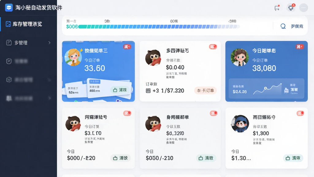 主体为“淘小秘自动发货软件”的多店铺管理总览页面,页面以卡片形式平铺展示六个不同店铺的头像与今日订单数。布局为网格状排列,顶部有统一的库存余量进度条。排版为清爽的蓝白配色卡片设计,风格扁平化。细节包括每个卡片上的店铺名称、未读消息红点。画质清晰干净,无多余元素,体现多店铺管理的便捷与清晰。