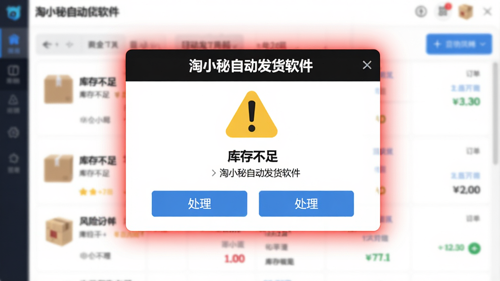 主体为“淘小秘自动发货软件”的异常预警通知界面,屏幕中央有醒目的黄色感叹号图标。布局为简洁弹窗居中,背景为模糊的店铺订单列表。排版为警示风格,弹窗边缘有红色闪烁光晕。细节包括“库存不足”文字、处理按钮。画质高清锐利,突显软件的及时报警与风险控制能力。