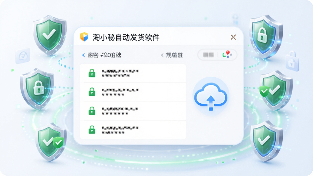 主体为“淘小秘自动发货软件”的卡密库存管理界面,界面中央展示加密的卡密列表与云端同步图标。布局为中央圆角窗口,四周环绕安全盾牌与数据流光环。排版为浅色商务风格,配以绿色安全认证标识。细节包括卡密打码隐藏显示、加密锁图标。画质干净明亮,突显数据的安全感与管理的条理性。