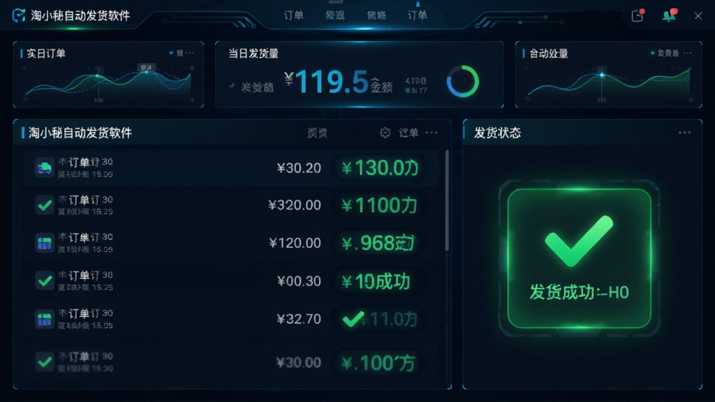 主体为“淘小秘自动发货软件”的实时订单监控大屏界面,左侧为滚动的订单列表,右侧为发货状态绿灯。布局为左右分栏,上方有数据仪表盘显示当日发货量。排版为深色科技背景配以发光蓝绿线条,风格具象化且富有动感。细节包括订单金额跳动、发货成功打勾动画。画质高清流畅,无多余元素,突显自动化处理的高效率。