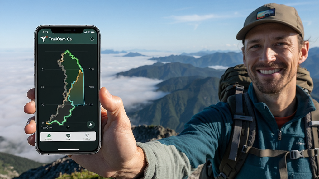 主体:TrailCam Go在户外场景中的实际使用效果图。布局:一名徒步者站在山顶,手持手机查看TrailCam Go界面,手机屏幕中显示完整轨迹与海拔曲线。排版:人物位于画面右侧三分之一处,手机屏幕朝向镜头,背景为壮丽的山峦与云海。风格:纪实摄影风格,自然光线,色彩浓郁。细节:手机屏幕清晰可见“TrailCam Go”字样,轨迹线高亮显示,徒步者面带微笑。画质:超清,构图严谨,干净无多余元素