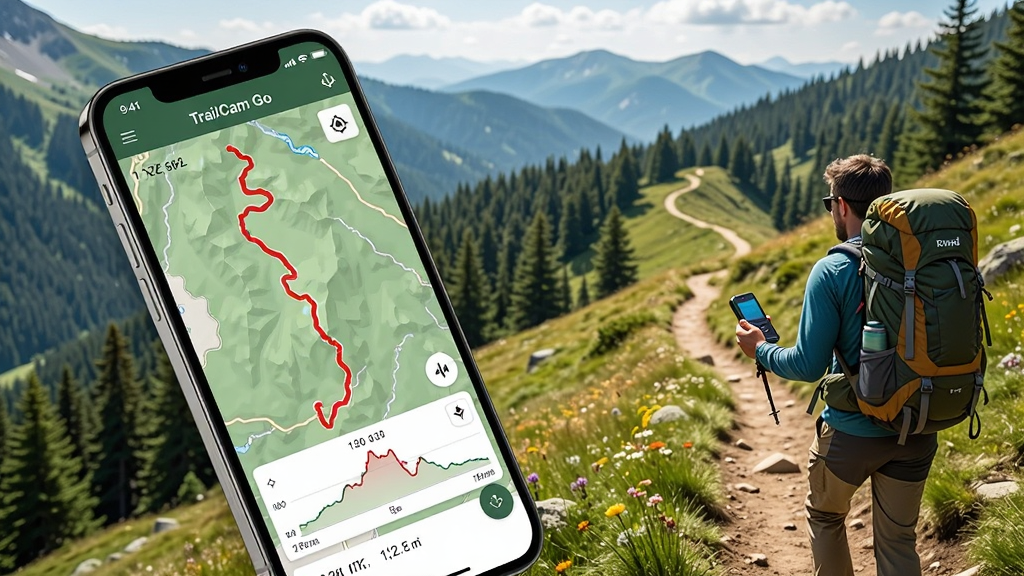 主体:TrailCam Go软件应用界面与户外越野场景融合图。布局:左侧为手机屏幕展示软件地图轨迹界面,右侧延伸出真实的山地越野路径与徒步者。排版:手机屏幕斜置居中偏左,背景为广袤山林与蜿蜒小径,画面层次分明。风格:写实摄影风格,色彩明快自然,光线通透。细节:地图界面上显示红色轨迹线、海拔曲线与坐标数据,徒步者背着登山包手持设备。画质:8K超高清,细节丰富,干净无多余元素
