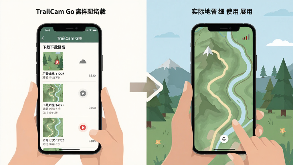 主体:TrailCam Go离线地图下载与使用场景展示。布局:左侧为手机端地图下载管理页面,列出已下载的区域包,右侧为实际野外使用时手机显示离线地图的画面。排版:左右分屏对比,中间用箭头连接。风格:扁平化插画风格,色彩柔和。细节:离线地图包显示大小与日期,野外画面中手机地图上清晰显示山径与河流,无网络信号图标。画质:矢量清晰,干净无多余元素