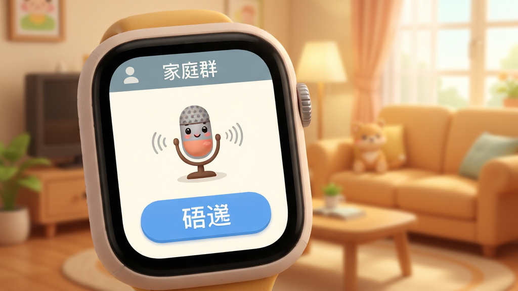 童信微聊通讯界面预览,展示孩子手表端发送语音消息的动画效果,背景为温馨的家庭客厅场景,界面顶部显示“家庭群”名称,下方有卡通麦克风和大大的发送按钮,画质柔和,风格温馨,无多余元素