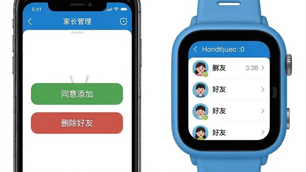 童信好友管理功能截图预览,左侧为家长手机端管理界面,右侧为孩子手表端好友列表,界面采用蓝白配色,家长端显示“同意添加”和“删除好友”按钮,画质清晰,构图直观,无多余元素