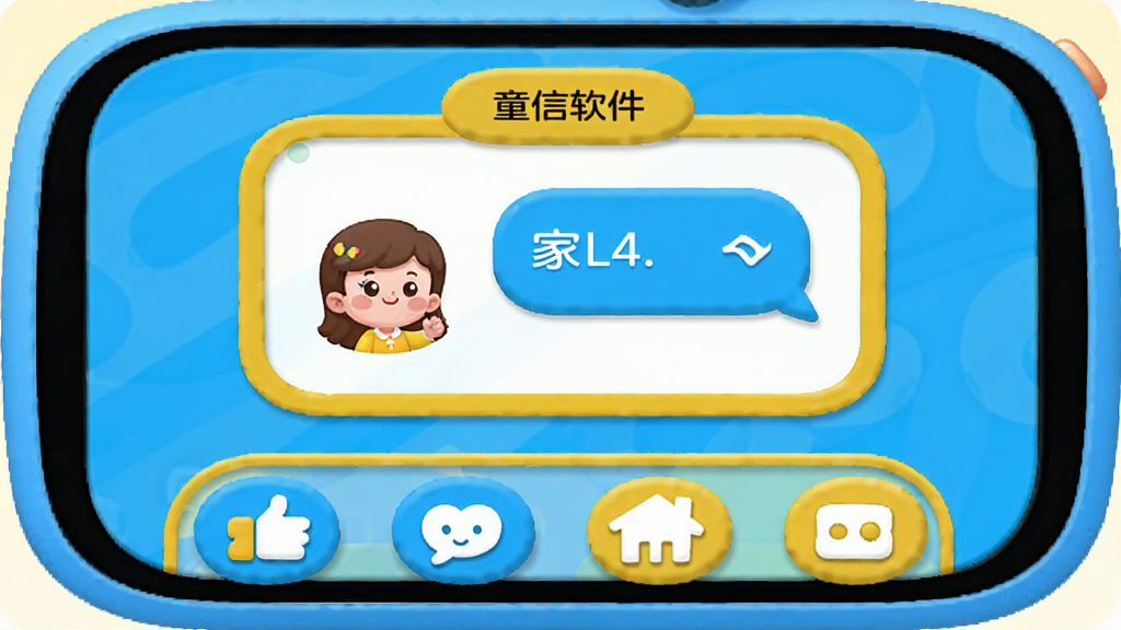 童信软件主界面预览图,展示儿童手表卡通风格UI设计,主色调为明亮的蓝色和黄色,界面布局简洁圆润,中央显示与家长对话的气泡窗口,底部为功能图标栏,整体风格活泼可爱,画质干净清晰无多余元素