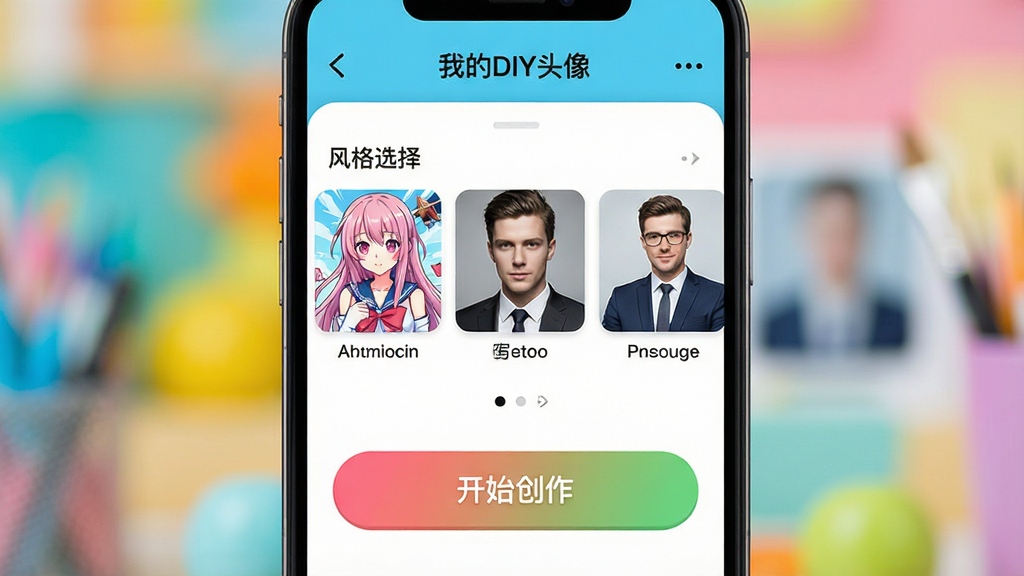 一张智能手机屏幕特写,屏幕正中展示名为“我的DIY头像”的应用主界面,界面布局清晰,上方为“风格选择”轮播图,包含动漫、写实、商务等多种风格缩略图,下方为醒目的“开始创作”按钮,背景虚化,整体色调明快活泼,画质干净,无多余元素