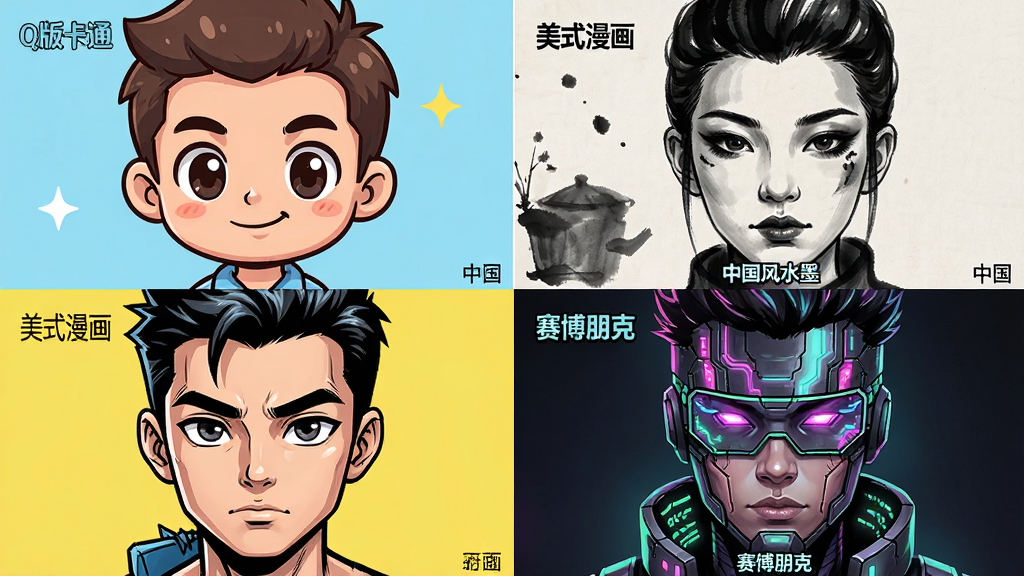 一张四宫格对比图,每格展示同一个人的不同风格头像,分别为“Q版卡通”、“美式漫画”、“中国风水墨”和“赛博朋克”,每张头像下方有对应的风格名称小字,画面主体为头像特写,布局整齐,排版清晰,风格明快,细节丰富,画质干净,无多余元素