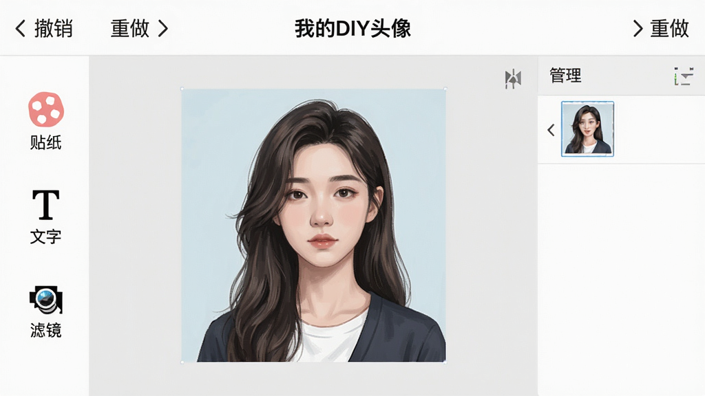 一张手机横屏截图,显示“我的DIY头像”的编辑界面,界面顶部有“撤销”与“重做”箭头,左侧工具栏排列着“贴纸”、“文字”、“滤镜”图标,中间是一张正在编辑的人物半身像,右侧是图层管理面板,整体布局专业且清爽,细节丰富,画质清晰,无多余元素