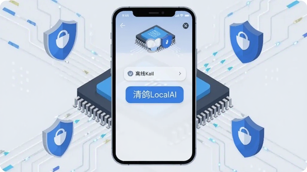 手机屏幕展示“清鸽LocalAI”离线对话界面,背景为处理器芯片与流动数据线条,构图以手机为中心,周围环绕安全盾牌图标,采用科技蓝与浅灰配色,扁平插画风格,细节清晰,画质干净,无多余元素