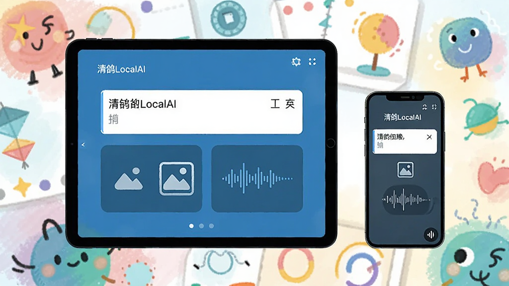 桌面平板与手机并排展示“清鸽LocalAI”多模态操作界面,包含文字输入框、图片上传图标与语音波形,背景为多彩创作元素,布局均衡,采用明亮清新的插画风格,画质细腻,干净无多余元素