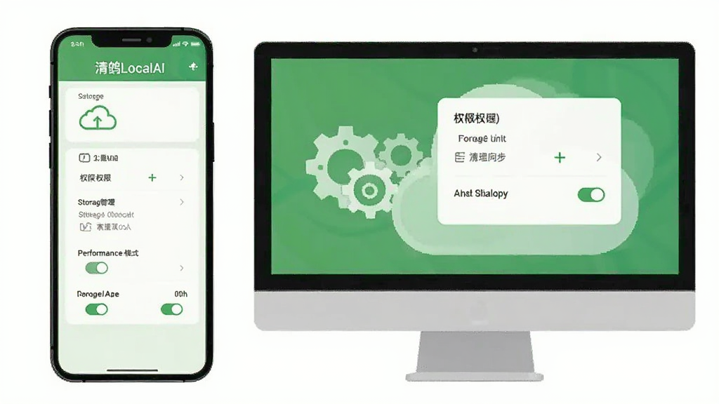 手机与电脑并排展示“清鸽LocalAI”设置界面,包含存储管理、权限选项与性能模式开关,背景为云同步与齿轮图标,采用清爽绿色调,构图整洁,扁平化风格,画质干净,无多余元素