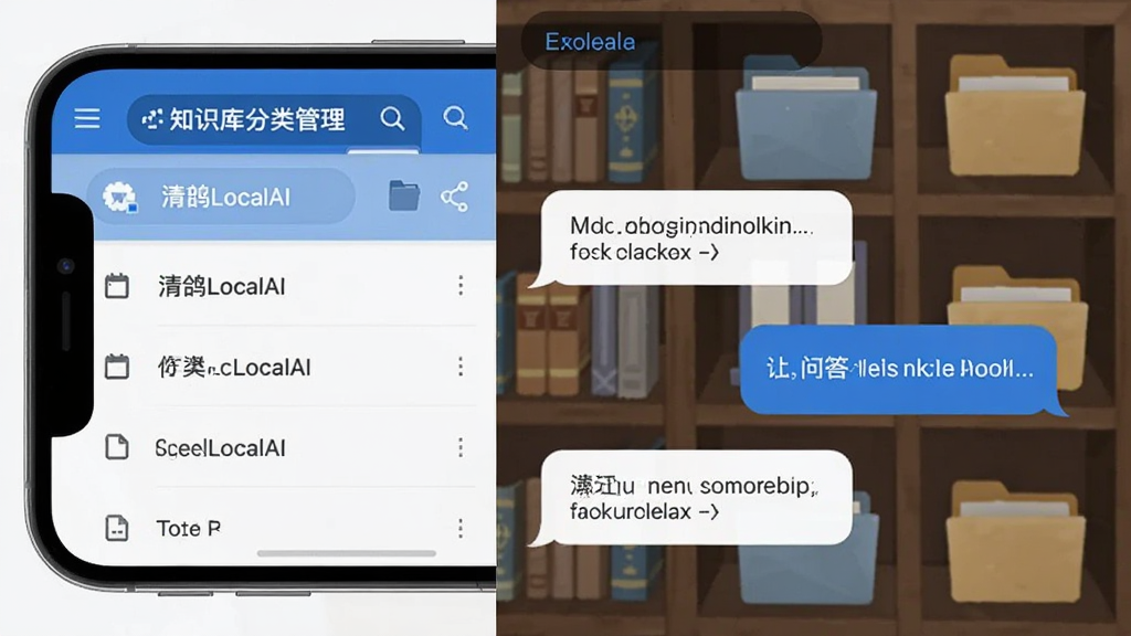 手机界面展示“清鸽LocalAI”知识库分类管理页面,左侧为文档列表,右侧为问答对话气泡,背景为书架与文件夹图标,采用商务蓝色调,构图清晰,UI设计规整,风格简洁实用,画质高清,无多余元素
