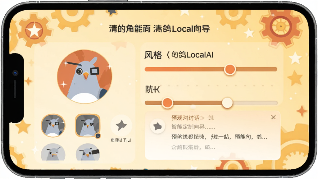 手机屏幕显示“清鸽LocalAI”智能体定制向导,包含角色头像选择、风格标签滑块与预览对话框,背景为齿轮与星星装饰,采用暖色调,构图活泼,扁平化设计,画质干净,无多余元素