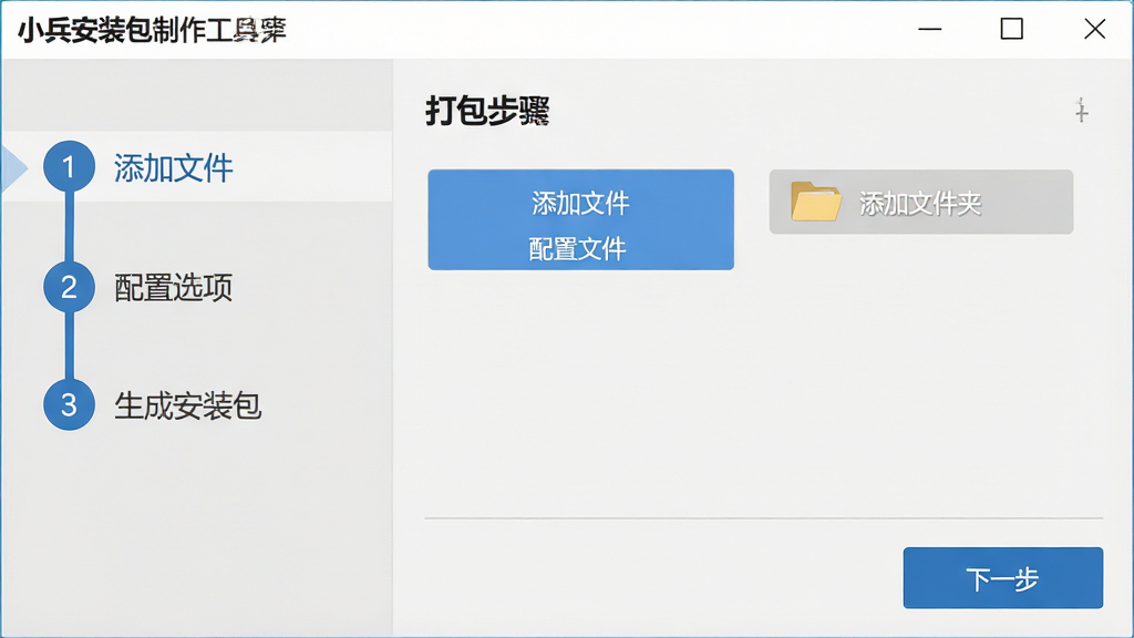 主体:小兵安装包制作工具的打包向导界面。布局:左侧步骤条,右侧操作区。排版:步骤条清晰显示“1添加文件、2配置选项、3生成安装包”。风格:扁平化设计,浅灰色背景。细节:操作区有“添加文件”、“添加文件夹”按钮,底部有“下一步”按钮。画质:高清,界面干净,无多余元素。