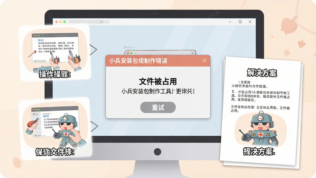 主体:电脑屏幕显示小兵安装包制作工具的错误提示框,旁边有解决方案文档。布局:提示框居中,周围有操作步骤插图。排版:分步骤说明,清晰有序。风格:教育性插图,柔和色调。细节:提示框内容为“文件被占用”,下方有“重试”按钮。画质:高清,干净,无多余元素。