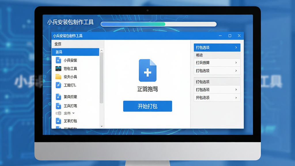 主体:电脑屏幕上显示小兵安装包制作工具主界面,界面中有文件拖拽和“开始打包”按钮。布局:界面居中,左侧有文件列表,右侧有打包选项面板。排版:清晰简洁,图标化设计。风格:现代科技感,蓝白配色。细节:屏幕中显示“小兵安装包制作工具”字样,背景有程序安装进度条。画质:高清,干净,无多余元素。