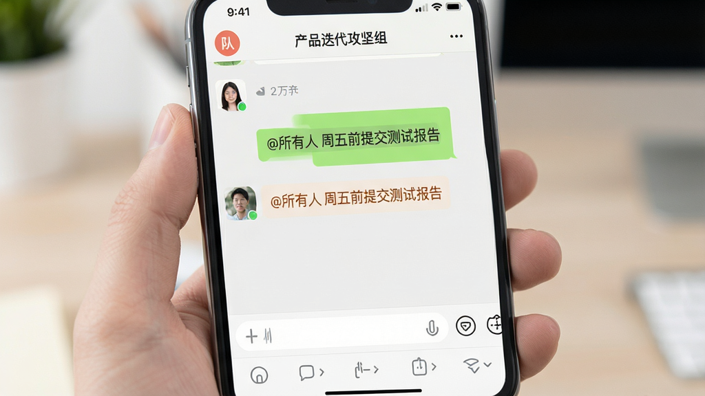队信手机界面的群聊对话预览图,主体为屏幕中显示的群名为“产品迭代攻坚组”的聊天界面,气泡内有一条高亮文字“@所有人 周五前提交测试报告”,底部有输入框与功能菜单,布局符合移动端聊天惯例,排版紧凑,风格写实扁平,细节包括成员头像与已读人数标识,画质柔和明亮,无多余元素