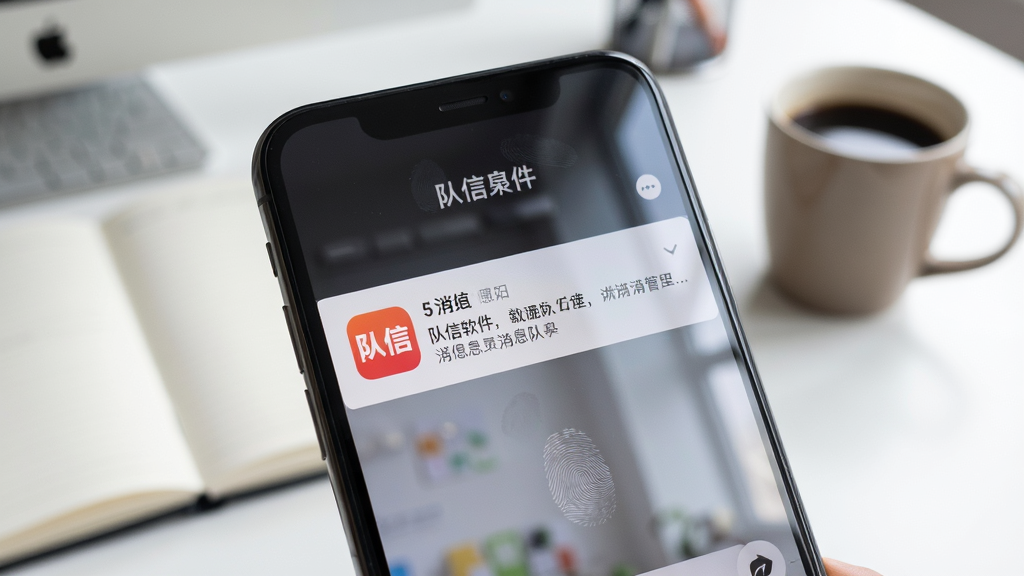 队信软件在手机上运行的实拍风格图片,画面聚焦于消息通知栏下拉界面,可见队信图标与一条消息摘要,背景为办公桌面,有笔记本和咖啡杯,布局自然,排版随性,风格写实,细节包括屏幕反光与指纹,画质高清明亮,干净无多余元素