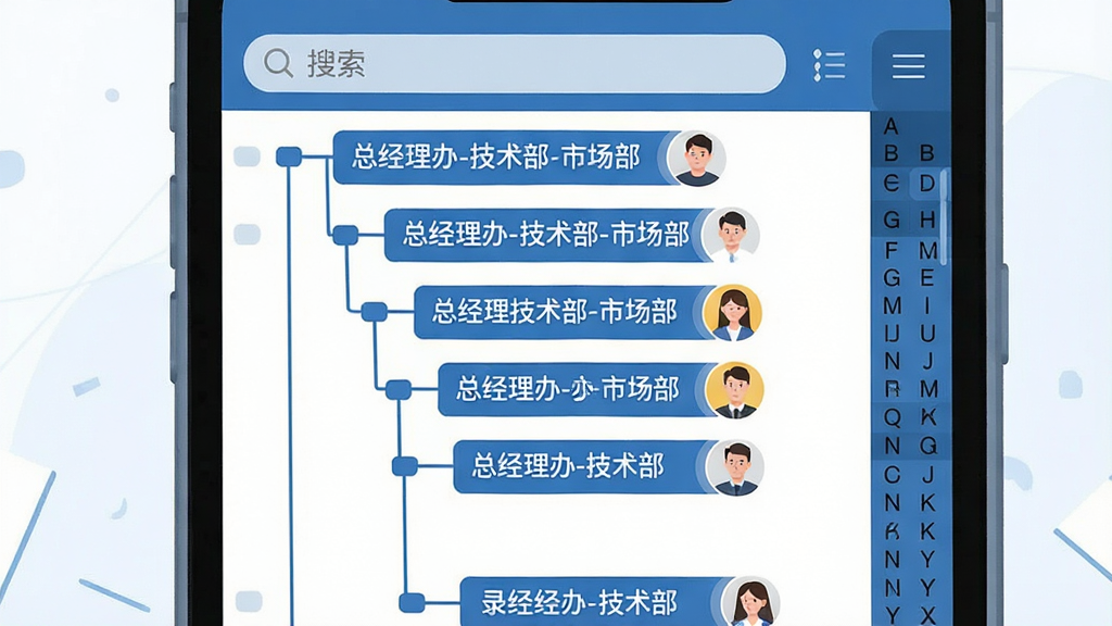队信软件的组织架构通讯录界面截图风格插画,主体为手机屏幕内展示的树形部门列表,包含“总经理办-技术部-市场部”等节点,每个节点旁有成员头像,布局自上而下层级清晰,排版使用线条连接,风格扁平商务蓝色调,细节有搜索框与字母索引侧边栏,画质清晰干净,无多余装饰元素