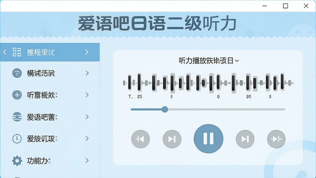 软件主界面展示图,左侧为功能菜单列表,右侧为听力播放控制区,背景采用淡蓝色清新风格,界面简洁大方,顶部显示“爱语吧日语二级听力”字样,整体画面干净明亮,无多余元素,画质高清