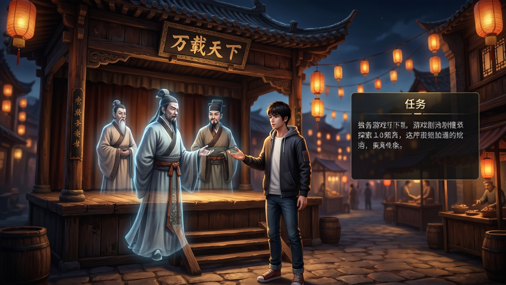 一张《万载天下》游戏剧情探索模式的概念图,主体为一位身穿现代便服的年轻人站在古旧戏台前,面前浮现出半透明的古代人物虚影,正在与其对话,任务提示框悬浮于画面右侧,布局为第三人称视角,背景是灯笼高挂的古城夜市,风格为电影化叙事风格,光影对比强烈,色彩浓郁,细节丰富,画质具有质感,干净无多余元素。